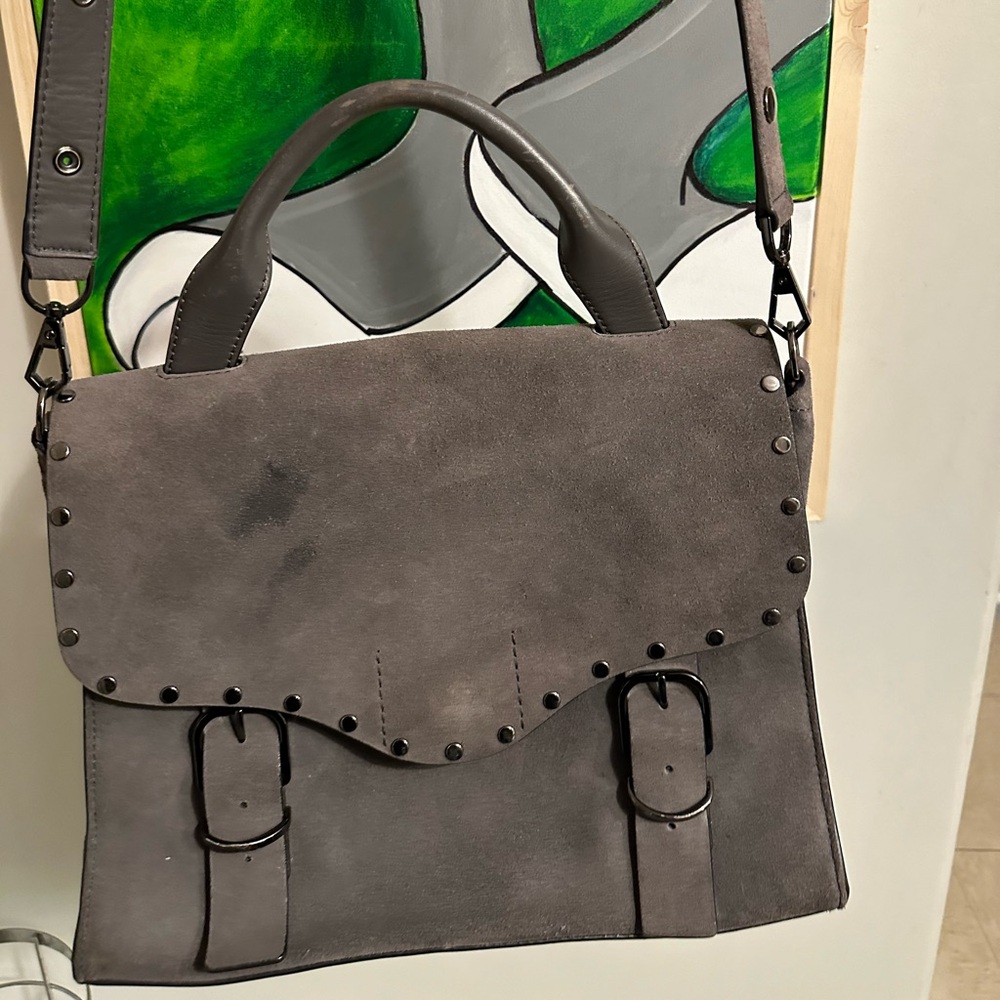 rebecca minkoff Gray Leather Suede Top Handle Studded Doctor  Biker Purse Bag.